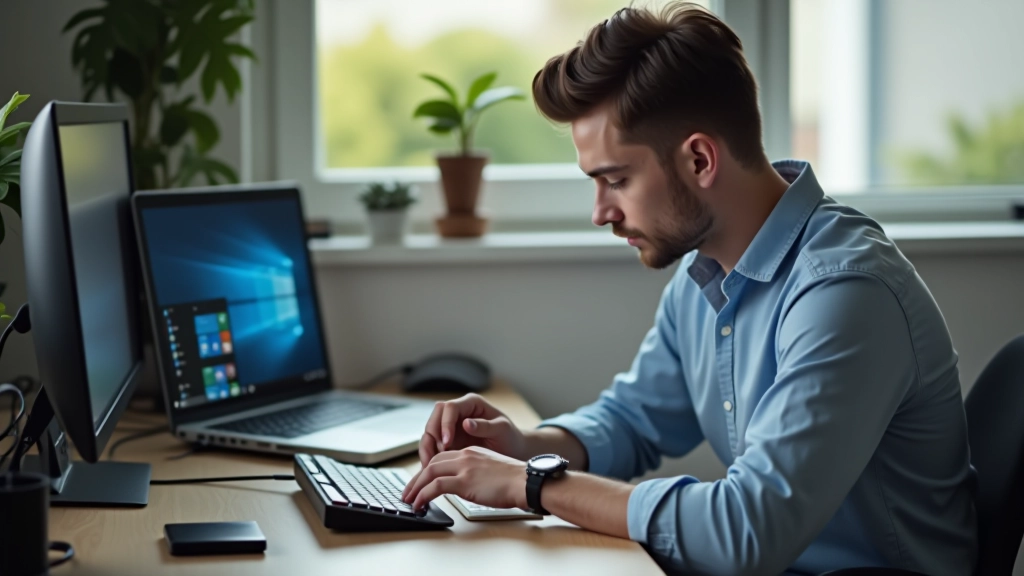 Profissional a preparar um computador para reinstalação, com ferramentas de backup visíveis na mesa