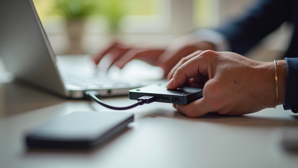Pessoa a ligar um cabo USB a um disco rígido externo na lateral do computador portátil