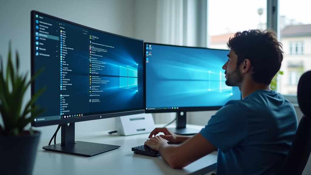 Computador moderno com janelas de configuração do sistema operativo abertas, ambiente de trabalho limpo e organizado