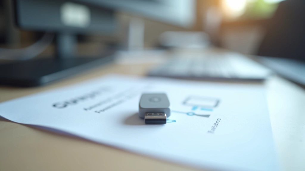 Pen USB de armazenamento numa secretária com documentação de instalação