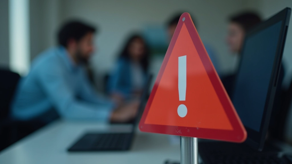 Sinal de aviso vermelho com símbolo de exclamação perto de um computador, representando erros e cuidados